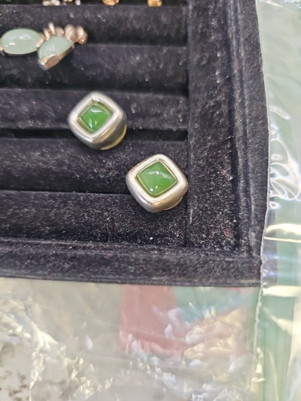 Earrings Pierced Studs Green  Jade. 9.25 Silver  Marked